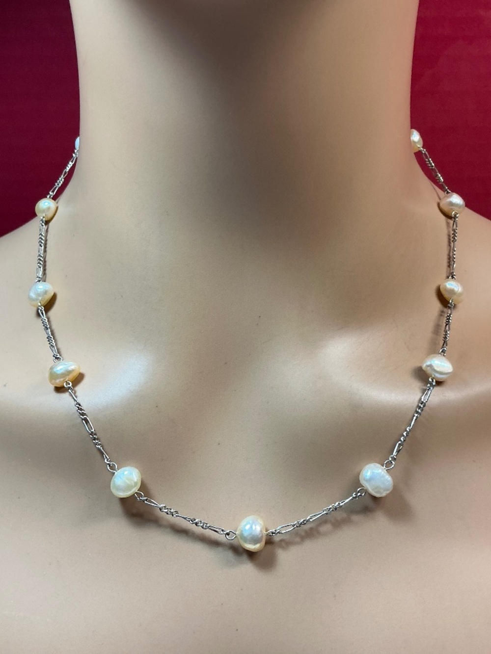 Sterling Silver Figaro Style Chain Necklace with Freshwater Pearl Necklace. 19.5